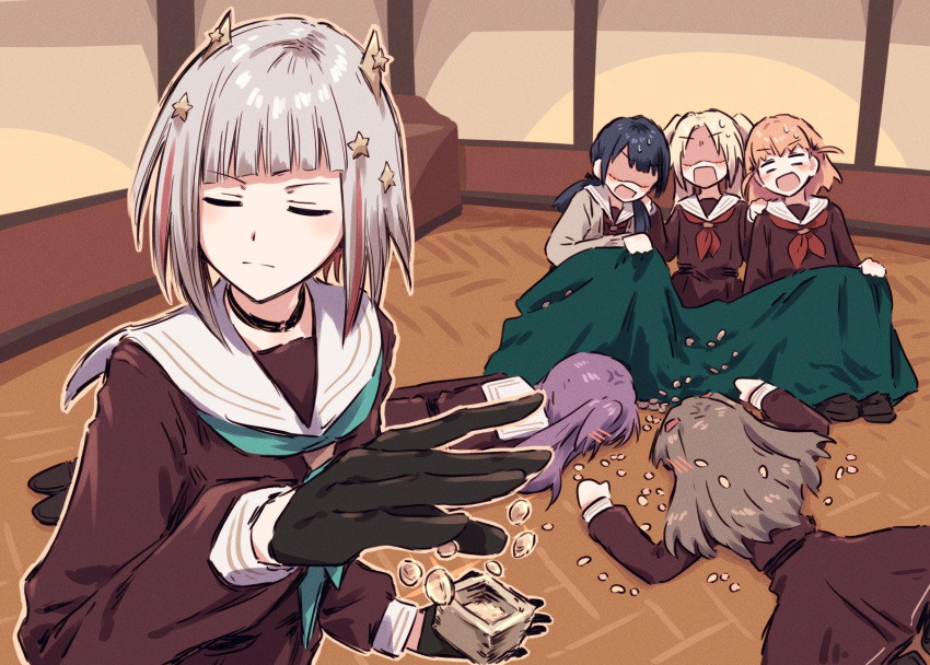 6+girls anger_vein black_gloves blonde_hair blue_hair blush box brown_dress brown_footwear brown_hair closed_eyes closed_mouth commentary_request dress fujishima_megumi furukawa_wanosuke gloves green_neckerchief grey_hair hair_ornament half_gloves hasu_no_sora_school_uniform highres hinoshita_kaho holding holding_box link!_like!_love_live! long_hair long_sleeves love_live! lying mamemaki multicolored_hair multiple_girls murano_sayaka neckerchief on_ground open_mouth orange_hair osawa_rurino otomune_kozue purple_hair red_hair red_neckerchief sailor_collar scared school_uniform setsubun short_hair side_ponytail sitting sleeve_cuffs solo_focus standing star_(symbol) star_hair_ornament streaked_hair twintails upper_body white_sailor_collar winter_uniform yugiri_tsuzuri