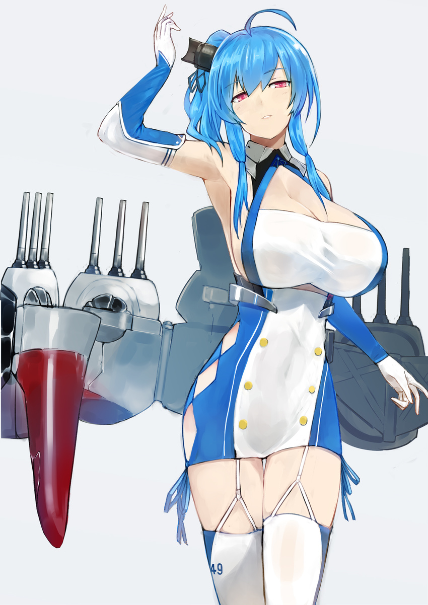 ahoge argyle_cutout arm_up armpits azur_lane bangs bare_shoulders blue_hair blue_ribbon breasts buttons cleavage commentary elbow_gloves eyebrows_visible_through_hair garter_straps gloves grey_background hair_tie halter_top halterneck hat highres huge_breasts long_hair looking_at_viewer parted_lips pen_(pen3) red_eyes ribbon side_ponytail sideboob simple_background solo st._louis_(azur_lane) standing thighhighs turret white_legwear