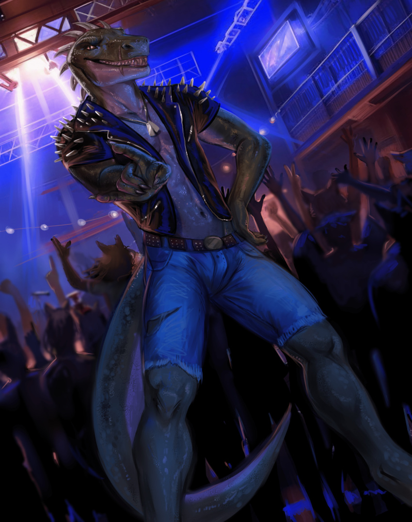 anthro bottomwear clothing concert devil_horns_(gesture) dinosaur dog_tags eleacat gesture group hand_gesture hi_res male pants reptile rocco_(tallion) scales scalie sharp_teeth spikes spikes_(anatomy) tail teeth theropod tyrannosaurid tyrannosaurus tyrannosaurus_rex