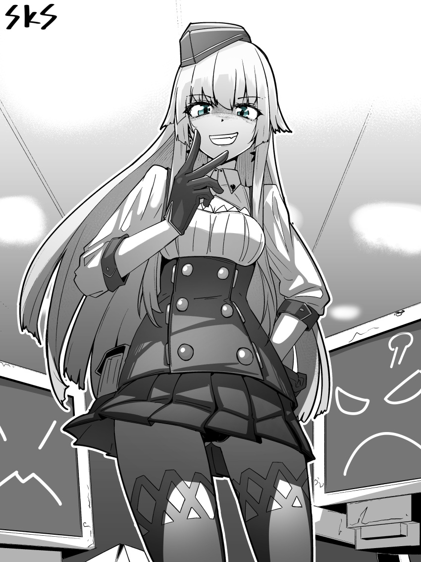 &gt;:( 1girl absurdres blue_eyes breasts character_name cowboy_shot earrings garrison_cap girls'_frontline gloves hat highres jewelry long_hair looking_at_viewer minami_shin_(zenshuu_bougyo) monochrome panties pantyshot parted_lips pleated_skirt robot simonov_(girls'_frontline) skirt smile spot_color star_(symbol) star_earrings straight-on teeth training_drone_(girls'_frontline) underwear v-shaped_eyebrows