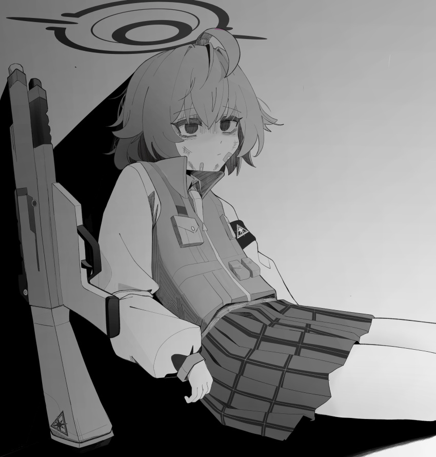 1girl absurdres against_wall ahoge arms_at_sides bandaid bandaid_on_face blank_eyes blank_stare blue_archive bruise collared_vest cowboy_shot from_side greyscale gun haesanmulkeikeu halo highres hoshino_(blue_archive) hoshino_(young)_(blue_archive) injury long_sleeves miniskirt monochrome plaid plaid_skirt pleated_skirt shadow shirt short_hair shotgun sidelocks sitting skirt solo vest weapon