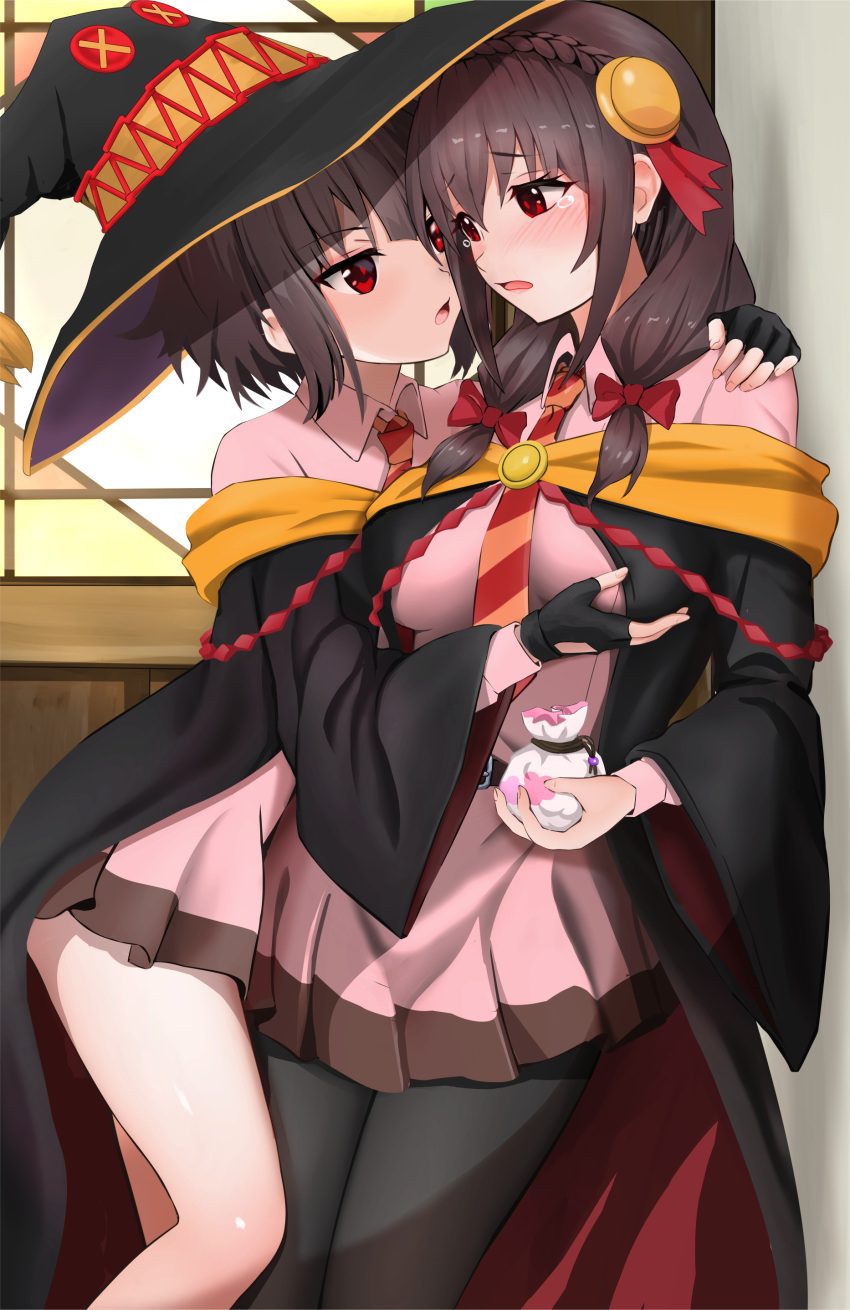 2girls absurdres against_wall arm_around_shoulder asymmetrical_docking bag belt black_belt black_cape black_gloves black_hair black_headwear blush bow braid breast_press breasts cape collared_shirt commentary_request cowboy_shot crown_braid eye_contact eyelashes fingerless_gloves furrowed_brow gibun_(sozoshu) gloves grabbing grabbing_another's_breast hair_bow hair_ribbon hand_up hat highres holding holding_bag hug imminent_kiss indoors kono_subarashii_sekai_ni_bakuen_wo! kono_subarashii_sekai_ni_shukufuku_wo! large_breasts long_hair long_sleeves looking_at_another low_twintails megumin miniskirt multiple_girls necktie open_mouth pantyhose pink_shirt pink_skirt pleated_skirt red_bow red_eyes red_prison_magic_school_uniform red_ribbon revision ribbon school_uniform shirt short_hair shy side_ponytail sidelocks skirt small_breasts standing striped_necktie tearing_up tears thighs twintails wide_sleeves witch_hat yunyun_(konosuba)