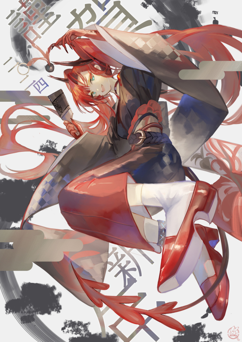 1girl 2024 arknights black_kimono claws colored_skin commentary_request egasumi full_body green_eyes hagoita hemorina highres inkblot japanese_clothes kimono long_hair long_sleeves looking_at_viewer new_year open_mouth paddle red_footwear red_hair red_skin signature simple_background smile socks solo toddifons_(arknights) twintails white_background white_socks wide_sleeves