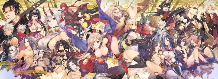 6+girls :d ;) abs all_fours amakusa_shirou_(fate) android animal_ears anklet archer ass assassin_(fate/stay_night) bangs bare_legs bare_shoulders barefoot beard black_gloves black_hair black_jacket black_legwear black_scarf blonde_hair blue_bow blue_eyes blue_legwear blush bodysuit bow bracer breasts bright_pupils brown_hair chacha_(fate/grand_order) cigarette cleavage closed_mouth commentary contrapposto covered_eyes dark_skin earrings emiya_kiritsugu emiya_kiritsugu_(assassin) eyebrows_visible_through_hair facial_hair fan fate/apocrypha fate/extra fate/grand_order fate/stay_night fate_(series) fingerless_gloves fishnet_legwear fishnets flower fox_ears fox_tail fuuma_kotarou_(fate/grand_order) glasses gloves grey_hair grey_kimono grin groin hair_between_eyes hair_bow hair_ornament hair_over_eyes half-closed_eyes hat headband highres hijikata_toshizou_(fate/grand_order) holding holding_sword holding_weapon horns houzouin_inshun_(fate/grand_order) ibaraki_douji_(fate/grand_order) jacket japanese_clothes jewelry kara_no_kyoukai katana katou_danzou_(fate/grand_order) kimono kiyohime_(fate/grand_order) koha-ace kunai large_breasts legs light_frown long_hair long_sleeves looking_at_viewer mask mechanical_arms medium_breasts minamoto_no_raikou_(fate/grand_order) miyamoto_musashi_(fate/grand_order) mochizuki_chiyome_(fate/grand_order) mouth_hold multiple_boys multiple_girls musashibo_benkei_(fate/grand_order) muscle navel necklace ninja no_panties oda_nobunaga_(fate) okita_souji_(fate) okita_souji_(fate)_(all) one_eye_closed oni oni_horns open_mouth osakabe-hime_(fate/grand_order) over-rim_eyewear peaked_cap pink_hair pointing pointy_ears ponytail purple_eyes red_hair red_scarf revealing_clothes ryougi_shiki sakata_kintoki_(fate/grand_order) scarf semi-rimless_eyewear shirtless short_hair shuten_douji_(fate/grand_order) sideboob silver_hair skindentation sleeveless smile spiked_hair standing sunglasses sword tail tamamo_(fate)_(all) tamamo_no_mae_(fate) tattoo tawara_touta_(fate/grand_order) teddy_(khanshin) thighhighs thighs tight tomoe_gozen_(fate/grand_order) twintails underboob ushiwakamaru_(fate/grand_order) weapon white_gloves white_hair white_legwear wide_sleeves yagyuu_munenori_(fate/grand_order)