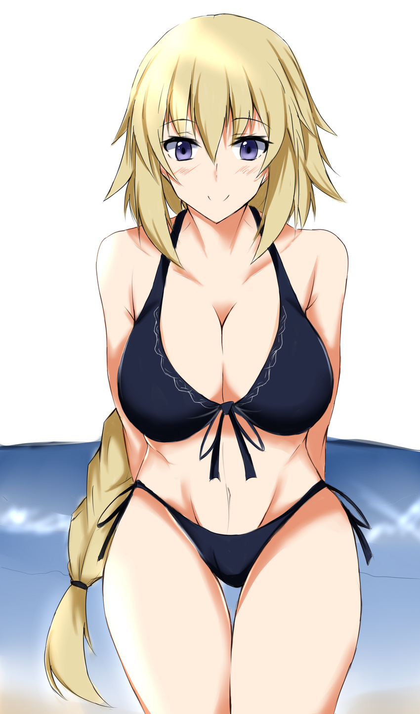 absurdres alternate_costume bikini black_bikini blonde_hair blue_eyes blush braid breasts cleavage closed_mouth collarbone commentary_request eyebrows_visible_through_hair fate/apocrypha fate_(series) front-tie_top hair_between_eyes highres isshii13 jeanne_d'arc_(fate) jeanne_d'arc_(fate)_(all) large_breasts long_hair looking_at_viewer navel side-tie_bikini smile solo stomach swimsuit very_long_hair