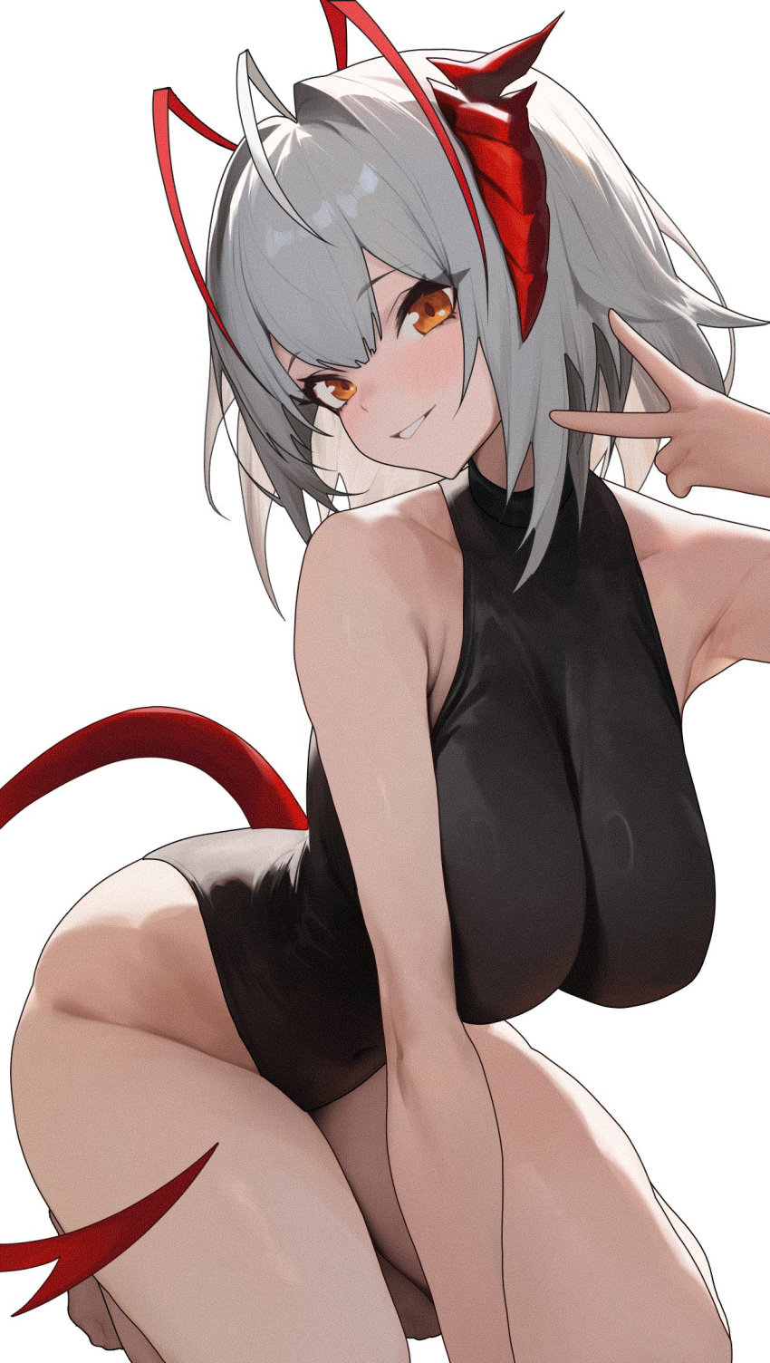 1girl ahoge antennae arasaka_inu arknights armpit_crease armpits bare_shoulders black_leotard blush breasts commentary_request demon_girl demon_horns demon_tail grey_hair highleg highleg_leotard highres horns large_breasts leotard looking_at_viewer orange_eyes red_horns short_hair sleeveless_turtleneck_leotard smile solo tail thick_thighs thighs v w_(arknights)