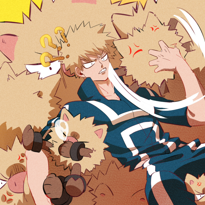1boy ? anger_vein angry bakugou_katsuki blonde_hair boku_no_hero_academia crossover grabbing_another's_hair gym_uniform highres male_focus nive nose_bubble official_alternate_costume pectoral_cleavage pectorals pokemon pokemon_(creature) primeape short_hair short_sleeves simple_background sleep_bubble sleeping solo teeth u.a._gym_uniform yellow_background