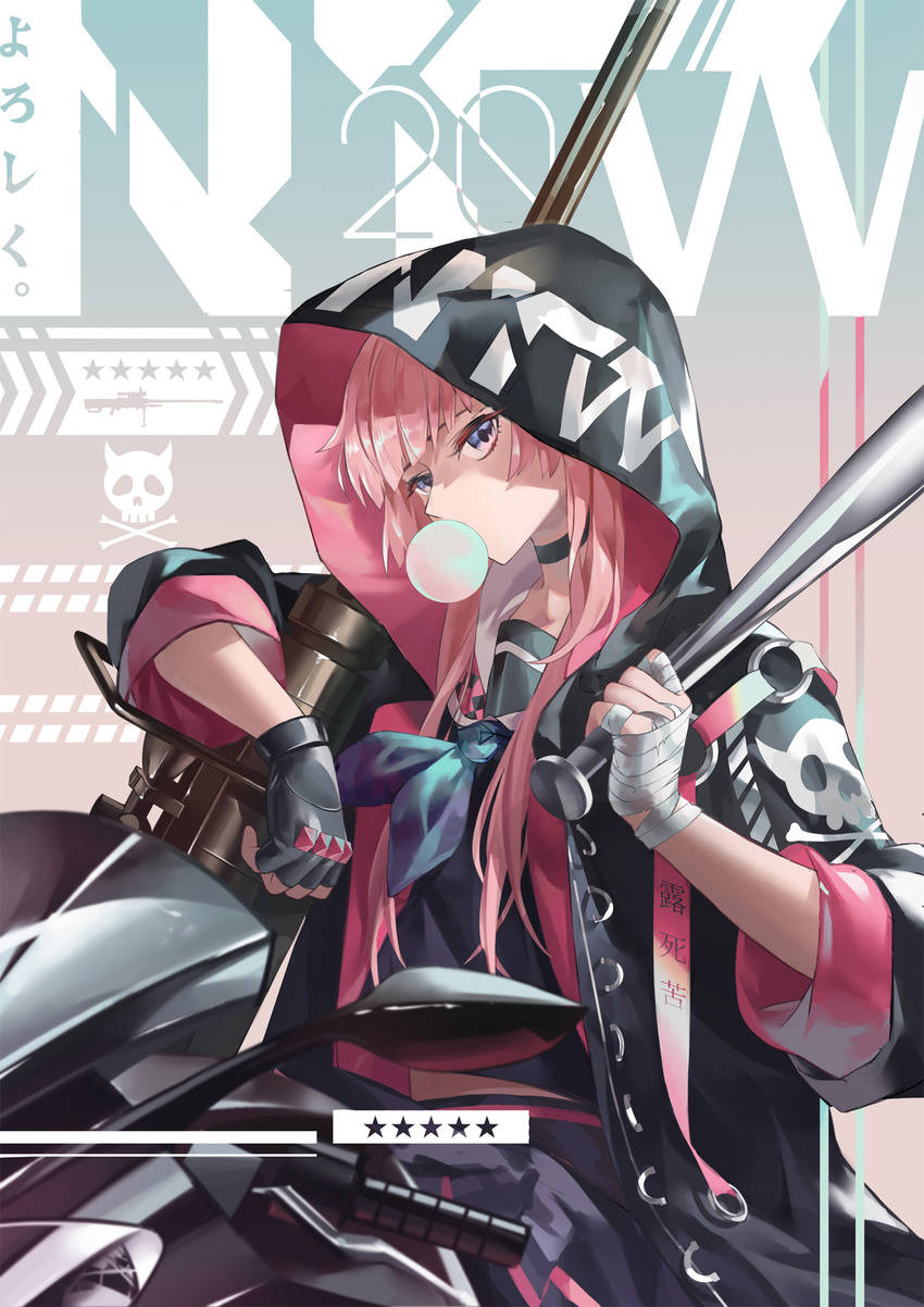 alternate_costume anti-materiel_rifle bandages bangs baseball_bat black_gloves blue_neckwear bubble bubble_blowing character_name choker clothes_writing commentary_request girls_frontline gloves ground_vehicle gun head_tilt highres holding holding_baseball_bat holding_gun holding_weapon hood hooded_jacket hoodie jacket jiji_(pixiv10646874) long_hair looking_at_viewer motor_vehicle motorcycle neckerchief ntw-20 ntw-20_(girls_frontline) open_clothes open_jacket pink_eyes pink_hair rifle school_uniform shaded_face sidelocks sitting sitting_on_object skirt skull_and_crossbones sniper_rifle solo star weapon