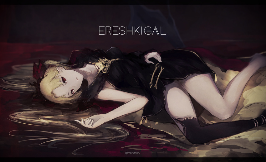bangs bare_arms bare_legs bare_shoulders barefoot black_dress black_legwear blonde_hair cape character_name closed_mouth dark_background dress ereshkigal_(fate/grand_order) expressionless fate/grand_order fate_(series) feet_out_of_frame hair_ribbon highres long_hair looking_at_viewer lying marumoru on_side parted_bangs red_eyes red_ribbon ribbon single_thighhigh sleeveless sleeveless_dress solo thighhighs twintails very_long_hair