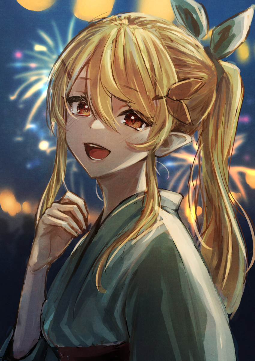 1girl absurdres aerial_fireworks blonde_hair blurry blurry_background blush bow fireworks g9_(jiiku) hair_bow hair_ornament hairclip highres japanese_clothes kimono lone_nape_hair long_hair looking_at_viewer nijisanji nijisanji_en open_mouth orange_eyes pointy_ears pomu_rainpuff ponytail solo virtual_youtuber yukata