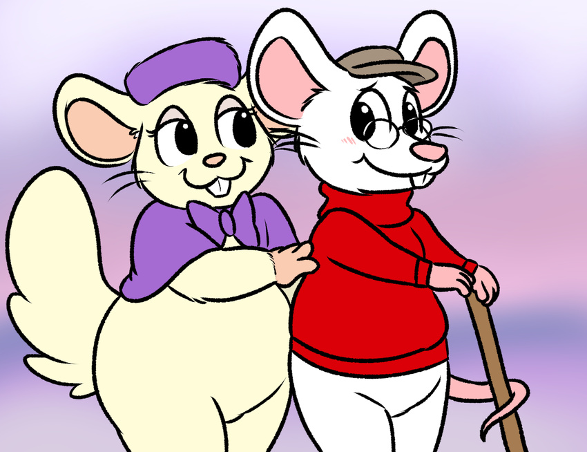 anthro bernard blush bottomless buckteeth clothed clothing costume digital_drawing_(artwork) digital_media_(artwork) disney duo eyewear flat_cap fur glasses hamster hat male male/male mammal miss_bianca mouse nishi oxynard pink_nose pink_tail raised_inner_eyebrows rex(mouse) rodent simple_background teeth the_rescuers white_fur yellow_fur