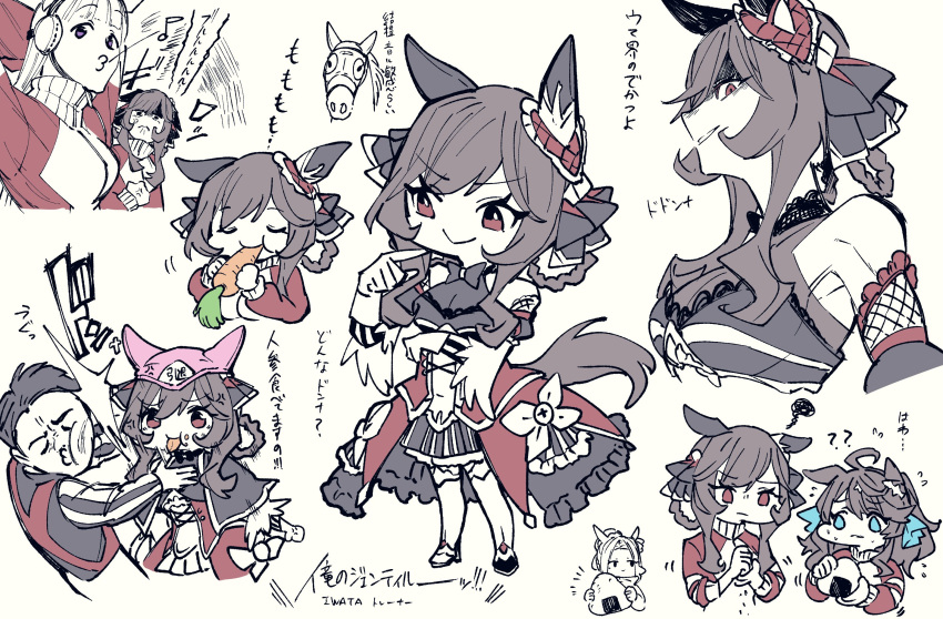 1boy 4girls ahoge animal_ears armpits biting_own_lip black_bow blue_bow bow bright_pupils brown_hair bruise bruise_on_face carrot commentary_request corset covered_navel creature_and_personification daring_tact_(umamusume) deformed ear_covers ear_ornament ears_down eating flying_sweatdrops food gentildonna_(racehorse) gentildonna_(umamusume) gloves gold_ship_(umamusume) hair_bow headgear highres holding holding_food hood horse horse_ears horse_girl horse_tail injury iwata_yasunari jacket jockey long_hair long_sleeves medium_hair mejiro_ramonu_(umamusume) motion_lines multiple_girls multiple_views notice_lines onigiri pink_headwear puckered_lips real_life red_eyes red_jacket see-through shoes short_hair sidelocks sideways_glance squiggle tail takatsuki_nato thighhighs toned tongue tongue_out track_jacket translation_request umamusume very_short_hair wavy_hair whistling