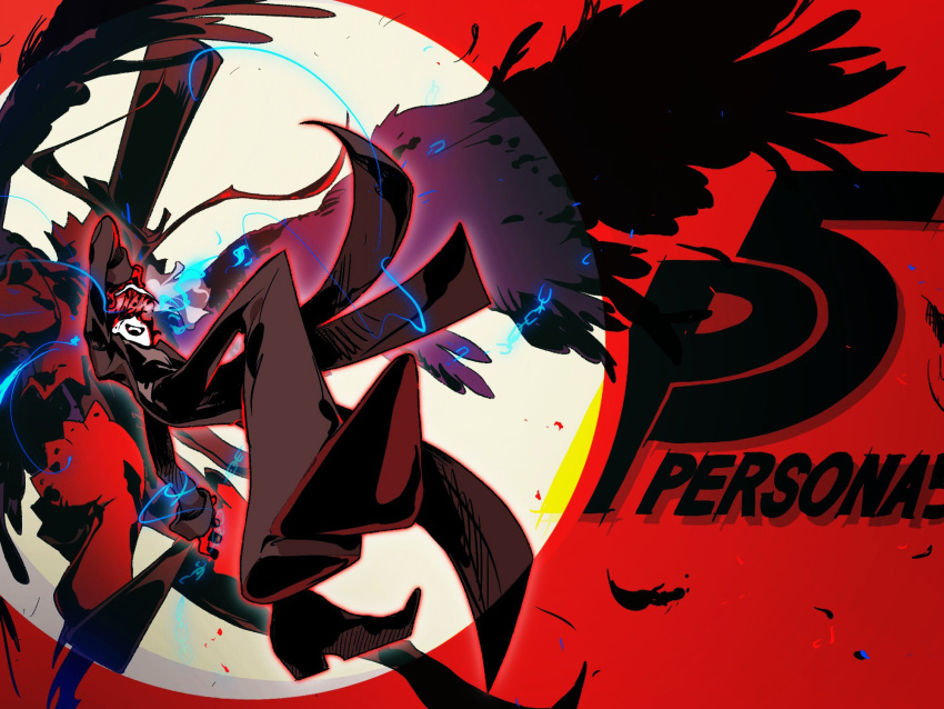 1boy 333_bbb amamiya_ren arsene_(persona_5) black_coat black_footwear black_hair black_headwear black_pants black_wings coat copyright_name feathered_wings feathers gloves hat highres holding holding_mask long_sleeves male_focus mask open_mouth pants persona persona_5 red_gloves shoes simple_background top_hat wings