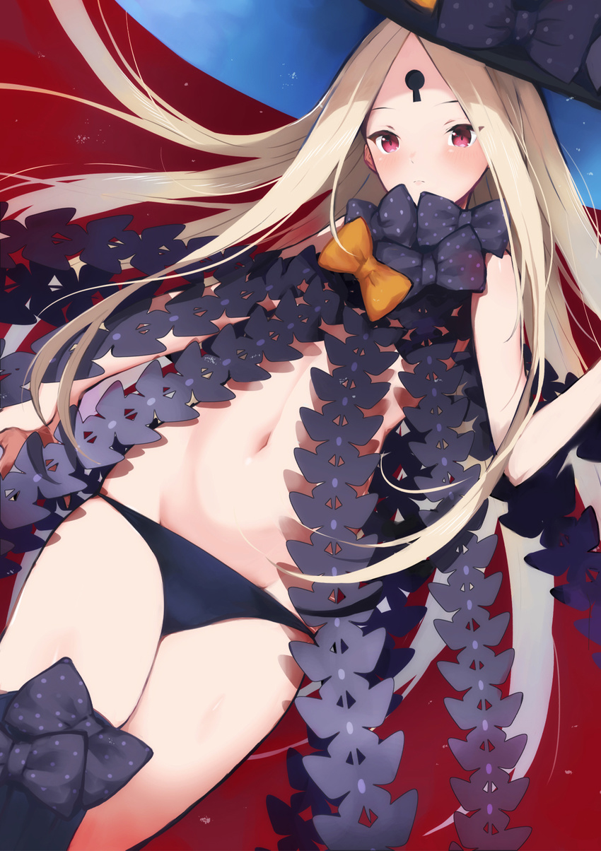 abigail_williams_(fate/grand_order) asymmetrical_legwear bangs black_bow black_hat black_legwear black_panties blonde_hair blush bow closed_mouth commentary_request doushimasho fate/grand_order fate_(series) groin hat hat_bow highres keyhole long_hair looking_at_viewer lowleg lowleg_panties navel orange_bow panties parted_bangs pink_eyes revealing_clothes single_thighhigh solo thighhighs topless underwear very_long_hair witch_hat