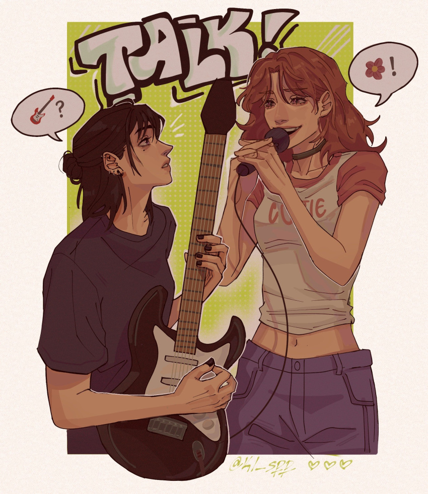 ! 2girls black_nails black_shirt brown_eyes brown_hair choker commentary ear_piercing electric_guitar english_commentary english_text eye_contact guitar hair_bun highres holding holding_guitar holding_instrument holding_microphone instrument kininatteru_hito_ga_otoko_ja_nakatta kl_spp koga_mitsuki long_hair looking_at_another medium_hair microphone midriff mole mole_under_eye multiple_girls navel oosawa_aya parted_lips piercing shirt short_sleeves single_hair_bun smile spoken_object twitter_username upper_body