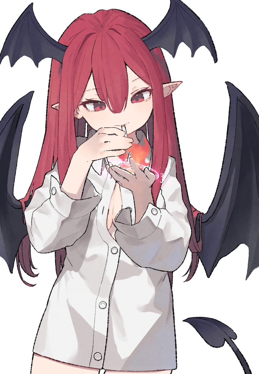 1girl black_wings breasts buttons cigarette cowboy_shot demon_tail demon_wings fire garasuno hair_between_eyes hands_up head_wings highres koakuma long_hair long_sleeves looking_at_viewer magic_circle mouth_hold pointy_ears red_eyes red_hair shirt sideboob sidelocks simple_background small_breasts smoking solo standing tail touhou white_background white_shirt wings