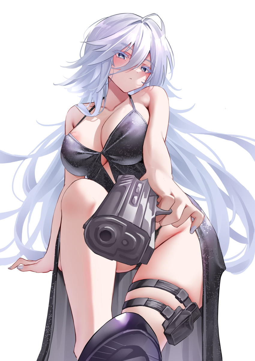 1girl absurdres azur_lane bare_shoulders black_dress blue_eyes blush breasts classic_(zildjian33) cleavage colored_eyelashes dress foreshortening gun highres holding holding_gun holding_weapon holster large_breasts long_hair looking_at_viewer pointing pointing_at_viewer side_slit sleeveless sleeveless_dress solo sovetsky_soyuz_(azur_lane) sovetsky_soyuz_(skyfall_agent)_(azur_lane) thigh_holster very_long_hair weapon white_hair