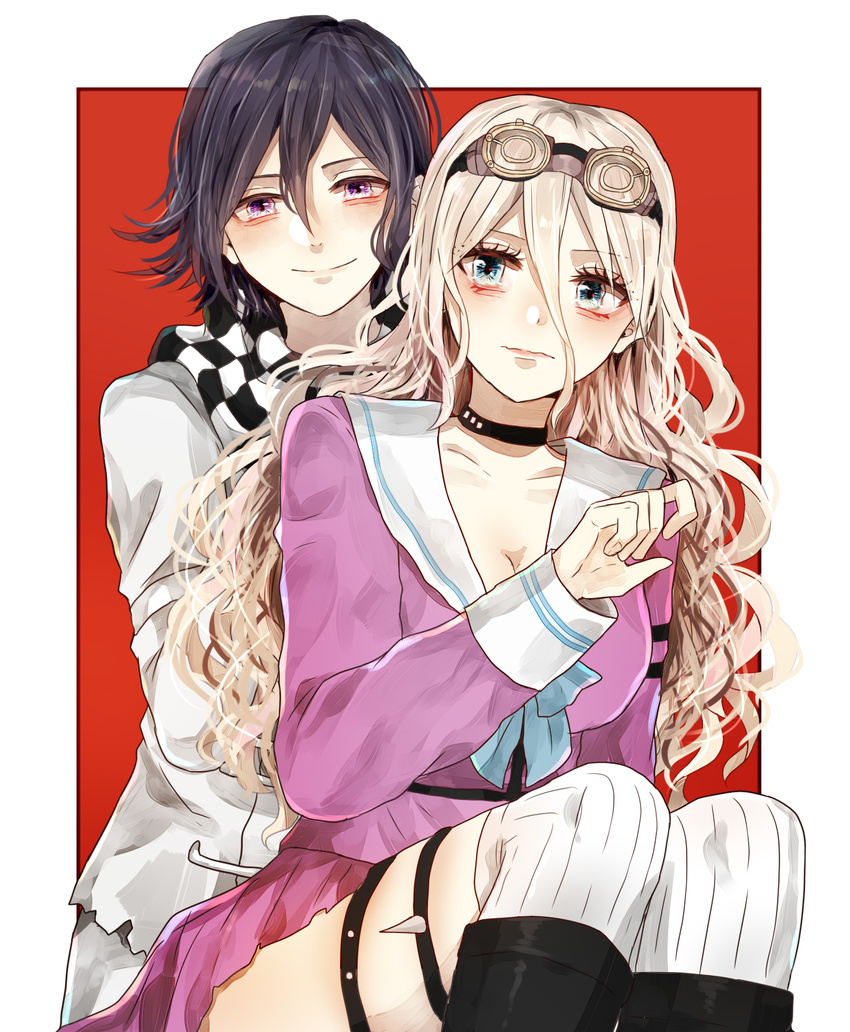 1boy 1girl ahoge blonde_hair blue_eyes boots breasts choker cleavage danganronpa duo fingerless_gloves gloves goggles goggles_on_head iruma_miu long_hair matching_hair/eyes new_danganronpa_v3 ouma_kokichi pink_shirt purple_eyes purple_hair serafuku shirt short_hair skirt smile socks straitjacket white_shirt