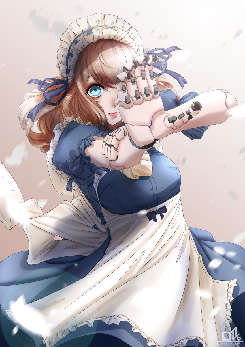 1girl absurdres android apron blue_eyes brown_hair closed_mouth dress finger_cannon finger_gun frilled_apron frills highres joints lips long_hair looking_at_viewer maid maid_apron maid_headdress mechanical_arms ozz. ribbon robot_girl robot_joints solo white_apron wild_arms