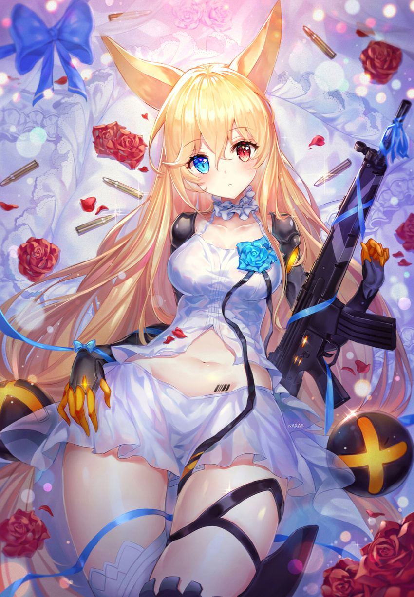 animal_ears blonde_hair blue_bow blue_eyes blush bow breasts flower g41_(girls_frontline) girls_frontline gun h&amp;k_g41 hair_between_eyes hand_on_hip highres hips holding holding_gun holding_weapon long_hair looking_at_viewer lying medium_breasts narae navel on_back pillow red_eyes red_flower red_rose rifle rose shiny very_long_hair weapon white_legwear
