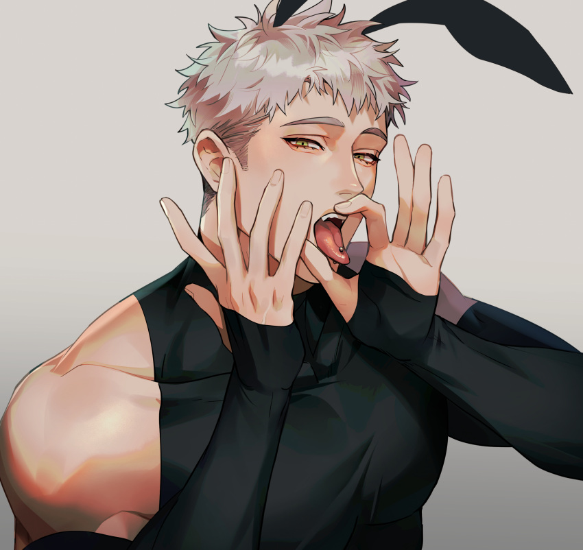 1boy animal_ears bara black_tank_top chengzhineixihuanxiaogou detached_sleeves fellatio grey_background grey_hair highres large_pectorals looking_at_viewer male_focus male_playboy_bunny muscular muscular_male open_mouth oral original pectorals piercing rabbit_boy rabbit_ears sexually_suggestive short_hair simple_background simulated_fellatio solo tank_top tongue tongue_out tongue_piercing