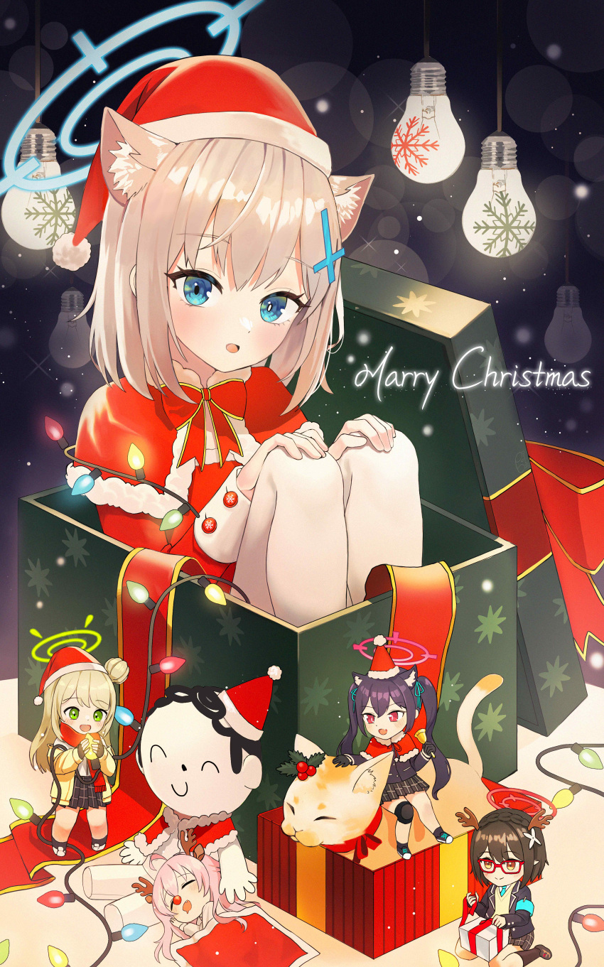 1boy 5girls absurdres ahoge animal animal_ears ayane_(blue_archive) blonde_hair blue_archive blue_eyes blush box capelet cat cat_ears cat_girl character_request check_character chibi christmas christmas_lights cross_hair_ornament doodle_sensei_(blue_archive) fake_antlers fur-trimmed_capelet fur_trim gift gift_box glasses green_eyes hair_bun hair_ornament halo hands_on_own_knees hat highres hoshino_(blue_archive) in_box in_container knees_up light_bulb long_hair looking_at_viewer merry_christmas mini_person minigirl multiple_girls nonomi_(blue_archive) open_mouth pink_eyes pink_hair plaid plaid_skirt prock purple_hair red-framed_eyewear red_eyes santa_hat sensei_(blue_archive) serika_(blue_archive) shiroko_(blue_archive) short_hair single_hair_bun sitting skirt sleeping smile snowflakes twintails