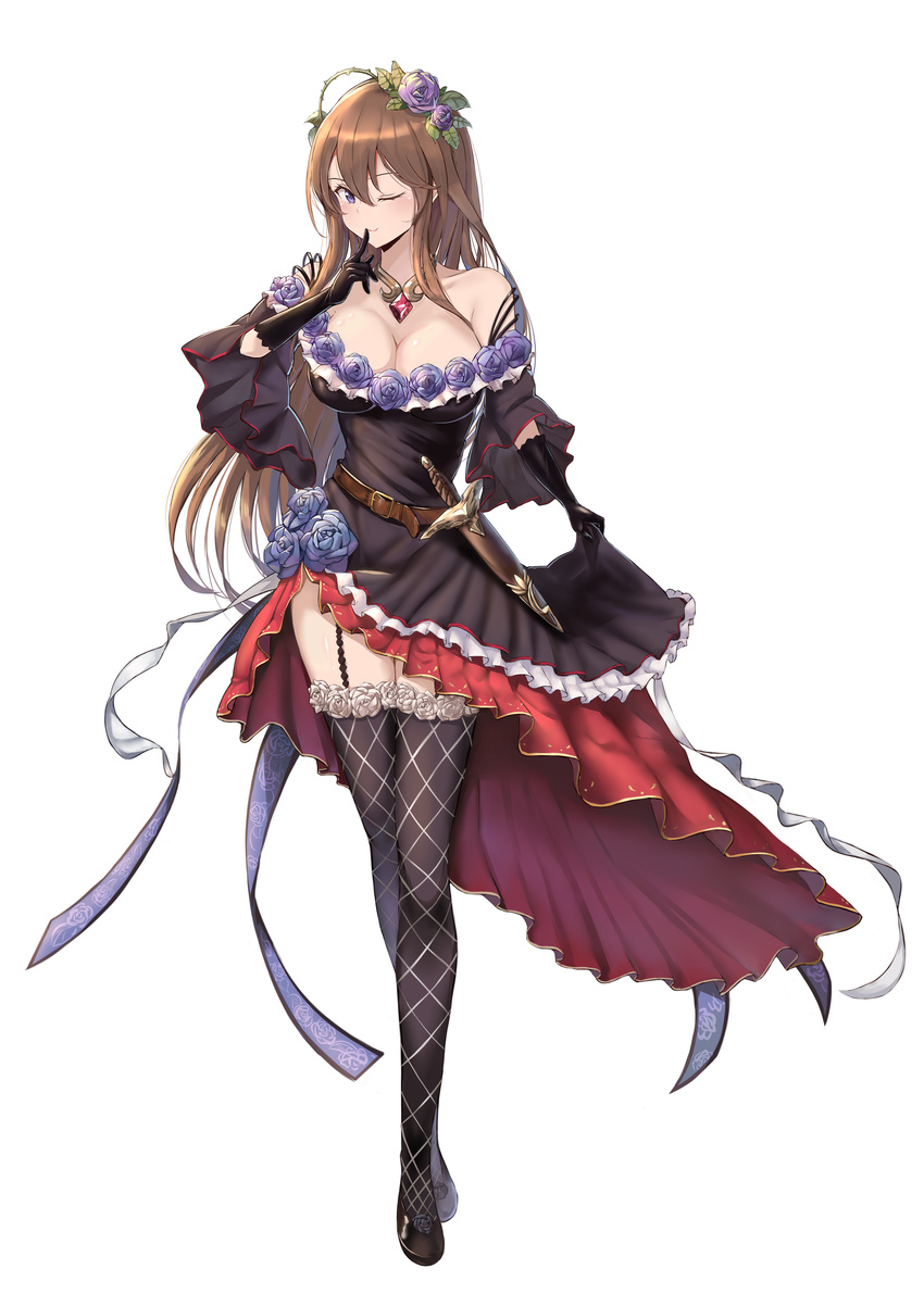 ;) absurdres bare_shoulders black_dress black_gloves black_legwear blue_eyes blush breasts brown_hair cleavage closed_mouth commentary_request dress finger_to_mouth flower full_body garter_straps gloves granblue_fantasy hair_between_eyes hair_flower hair_ornament highres i.f.s.f large_breasts long_hair looking_at_viewer one_eye_closed purple_eyes rosetta_(granblue_fantasy) smile solo standing thighhighs very_long_hair