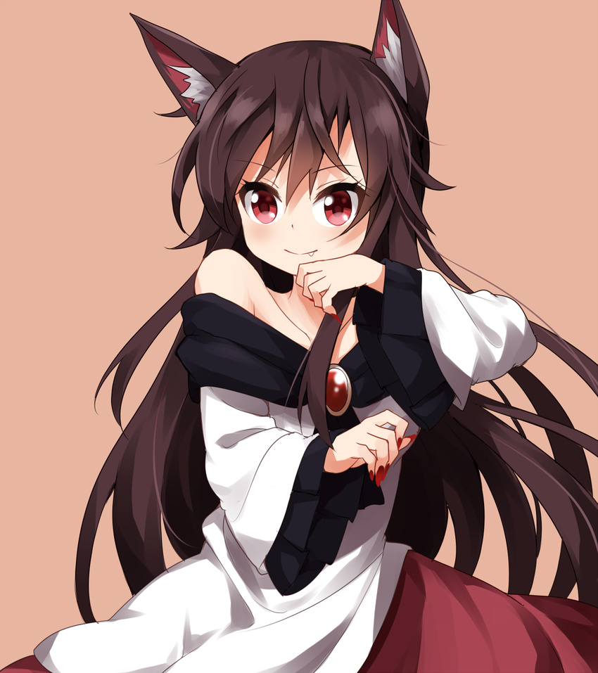 animal_ears bangs bare_shoulders blush brooch brown_hair closed_mouth collarbone commentary_request cowboy_shot dress fang fingernails frilled_sleeves frills hair_between_eyes highres imaizumi_kagerou jewelry long_fingernails long_hair long_sleeves nail_polish off-shoulder_dress off_shoulder red_eyes red_nails ruu_(tksymkw) sharp_fingernails smile solo tail touhou very_long_hair wolf_ears wolf_tail