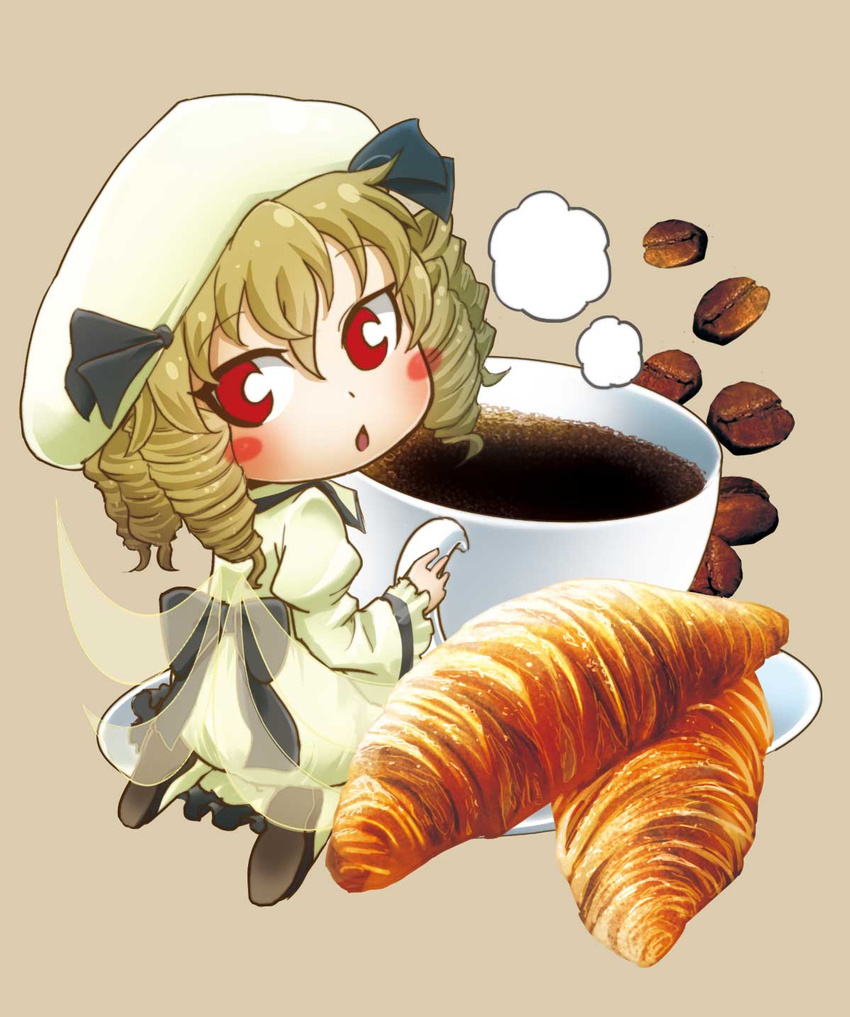 blonde_hair blush bow chamaji coffee coffee_beans crescent croissant cup dress drill_hair eyebrows_visible_through_hair fairy_wings food frills hair_between_eyes hat highres long_sleeves luna_child open_mouth red_eyes saucer shoes simple_background solo teacup touhou wide_sleeves wings