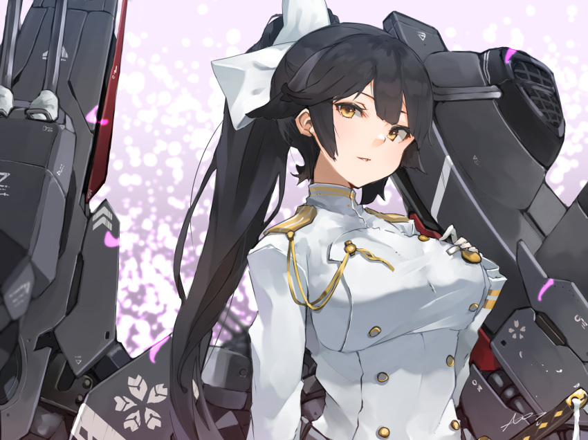 1girl azur_lane black_hair bow breasts gloves hair_bow hand_on_own_chest highres large_breasts long_hair long_sleeves looking_at_viewer military military_uniform ponytail rigging simple_background solo sunday_aki takao_(azur_lane) turret uniform very_long_hair white_bow white_gloves yellow_eyes