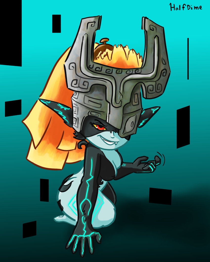 4:5 absurd_res armor beckoning big_butt big_ears black_body black_skin blue_body blue_skin bodypaint butt female gesture glowing glowing_markings hair half_dime headgear helmet hi_res imp looking_at_viewer markings midna nintendo not_furry on_ground orange_hair ponytail red_eyes sharp_teeth short_stack smug solo teeth the_legend_of_zelda twilight_princess