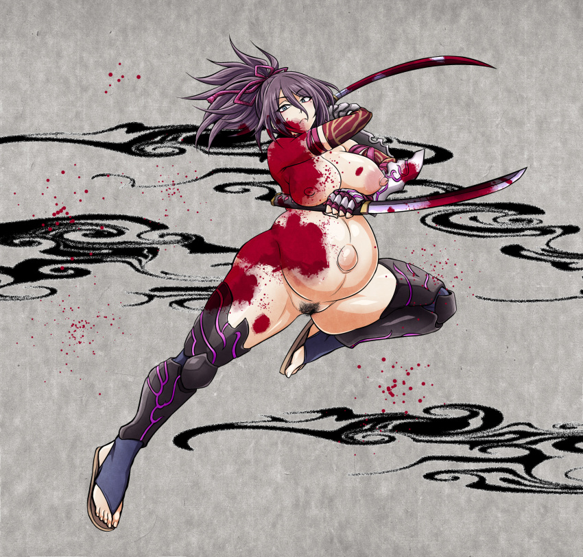 1girl big_belly blood blood_on_face blood_on_hands blood_on_weapon blood_splatter breasts character_request commission copyright_request dual_wielding elbow_gloves female_pubic_hair full_body gloves green_eyes hair_between_eyes highres holding holding_weapon kobayashi_tetsuya large_breasts long_hair ninja nipples nude outie_navel pixiv_commission ponytail pregnant pubic_hair purple_hair solo thighhighs weapon