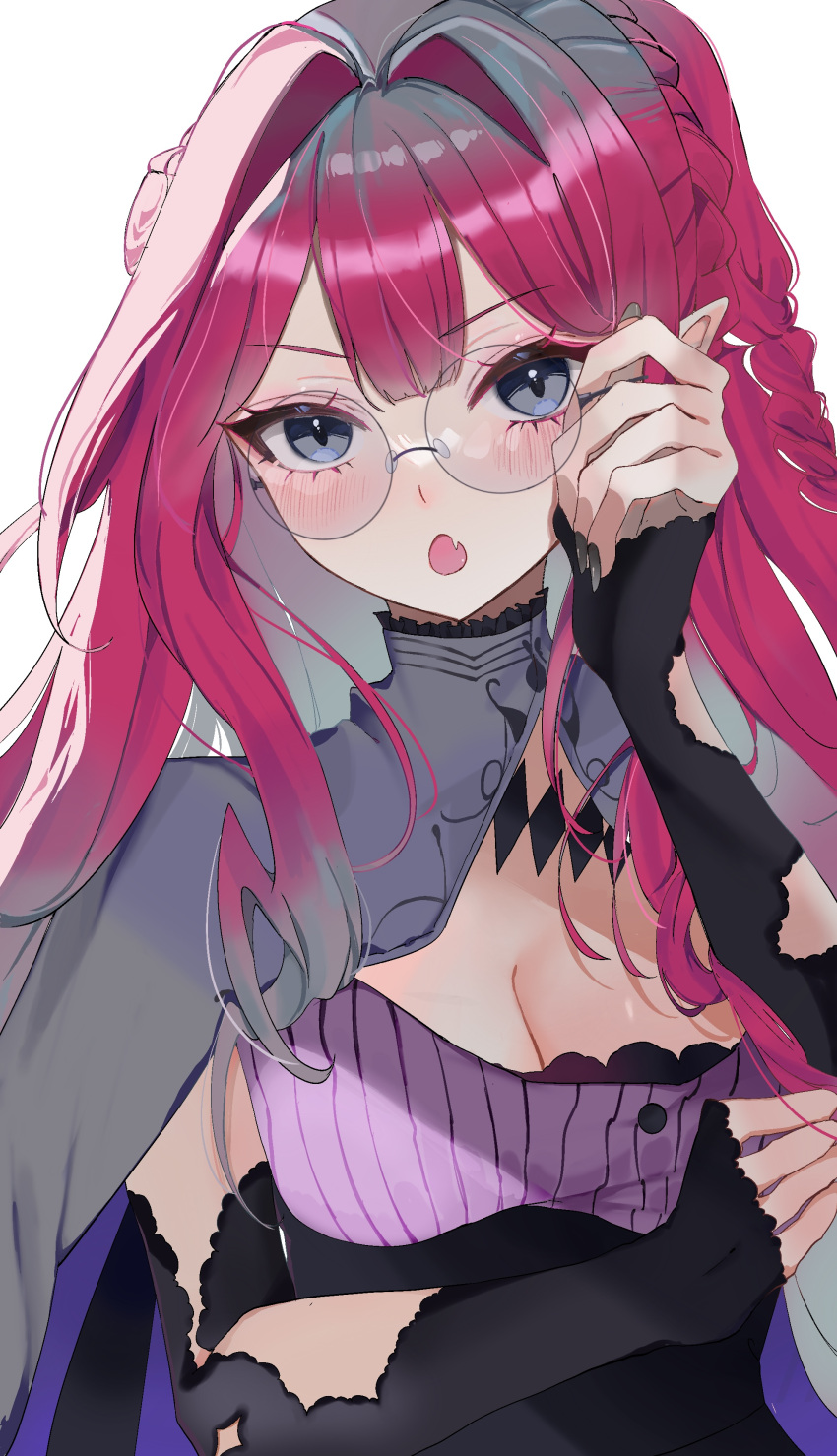 1girl :o absurdres adjusting_eyewear baobhan_sith_(fate) baobhan_sith_(swimsuit_pretender)_(fate) baobhan_sith_(swimsuit_pretender)_(second_ascension)_(fate) black_nails blush braid breasts capelet cleavage commentary_request detached_sleeves fang fate/grand_order fate_(series) glasses grey_capelet grey_eyes hand_on_eyewear highres long_hair long_sleeves looking_at_viewer misawa_mn nail_polish open_mouth pink_hair pointy_ears round_eyewear sidelocks solo upper_body