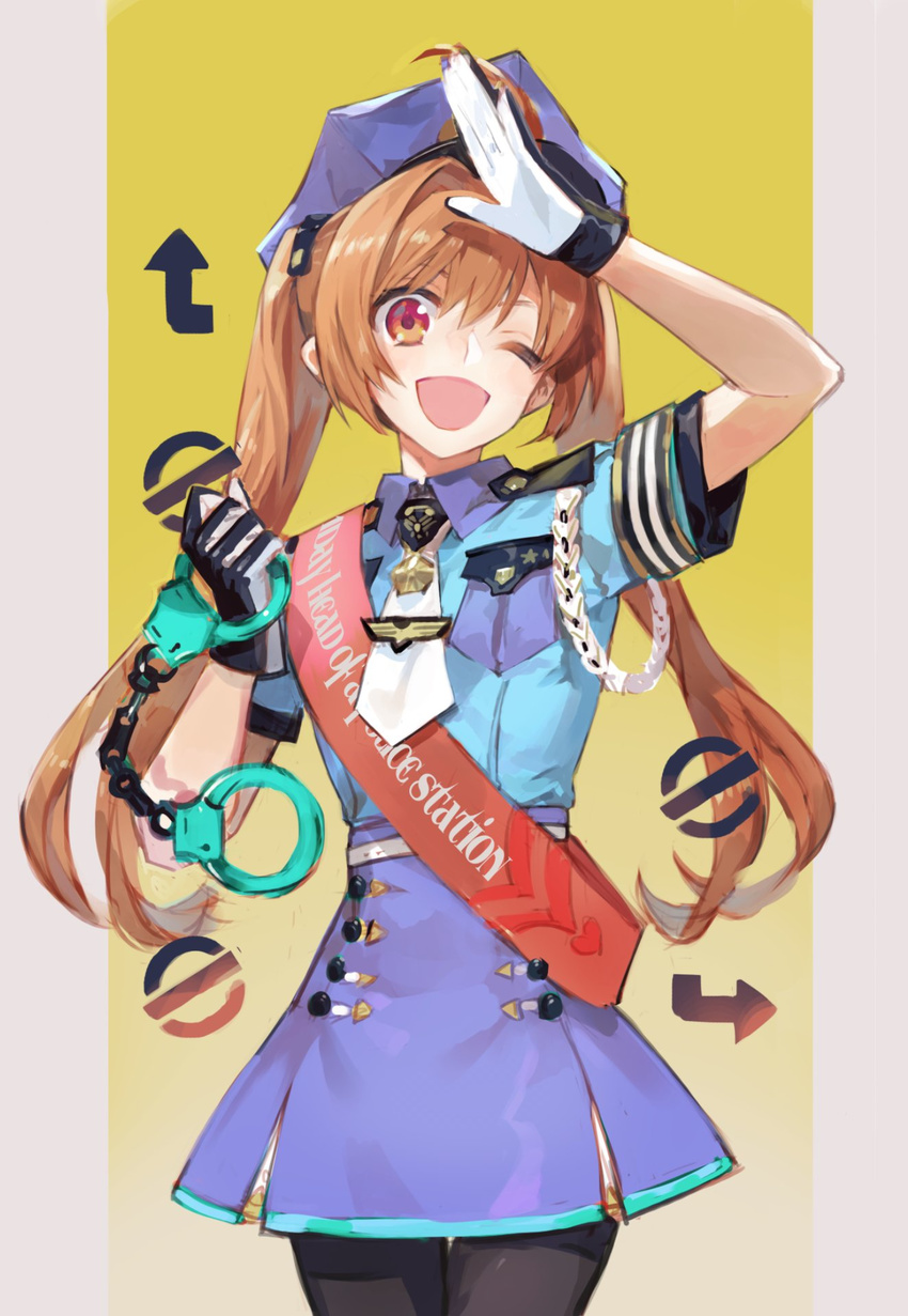;d aiguillette alternate_costume alternate_headwear bad_id bad_twitter_id badge brown_hair buttons cuffs eiyuu_densetsu estelle_bright gloves handcuffs hat highres long_hair necktie nishihara_isao one_eye_closed open_mouth police police_hat police_uniform policewoman red_eyes salute skirt smile solo sora_no_kiseki twintails uniform