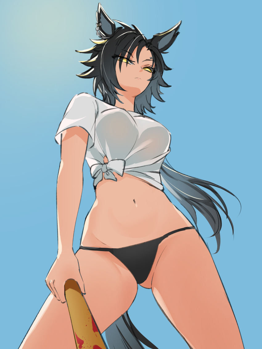 1girl absurdres air_shakur_(umamusume) alternate_costume ass_visible_through_thighs baseball_bat bikini black_bikini black_hair blue_sky breasts commentary_request cowboy_shot ear_ornament ear_piercing eyebrow_piercing highres holding holding_baseball_bat long_hair medium_breasts navel outdoors piercing rihua_(shichangcwy) shirt short_sleeves sky solo swimsuit tied_shirt umamusume white_shirt yellow_eyes