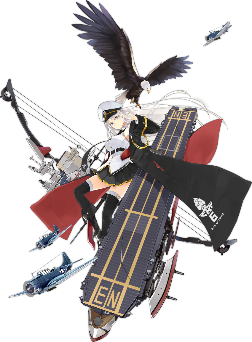 airplane animal azur_lane bangs bare_shoulders belt bird black_belt black_coat black_legwear boots bow_(weapon) breasts commentary_request crossbow detached_sleeves eagle enterprise_(azur_lane) flight_deck full_body hao_(patinnko) hat highres holding holding_bow_(weapon) holding_weapon jacket knee_boots large_breasts long_hair military military_vehicle miniskirt necktie official_art open_clothes open_jacket pleated_skirt purple_eyes sbd_dauntless shirt silver_hair skirt sleeveless sleeveless_shirt tachi-e thighhighs transparent_background very_long_hair weapon white_cap white_shirt wings zettai_ryouiki