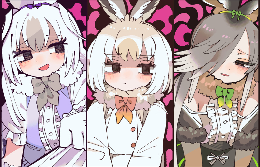 3girls absurdres animal_ears black_eyes bow bowtie brown_hair coat dress elbow_gloves european_hare_(kemono_friends) extra_ears gloves grey_hair hair_over_one_eye highres kanmoku-san kemono_friends long_hair mountain_hare_(kemono_friends) multiple_girls purple_background rabbit_ears rabbit_girl ribbon scarf short_hair simple_background snowshoe_hare_(kemono_friends) white_hair