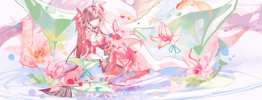 1girl absurdres bare_shoulders barefoot bell belt black_choker black_gloves blue_ribbon breasts brown_hair choker closed_mouth collarbone detached_sleeves dress fish flower flower_tattoo fox_mask gloves gradient_hair hair_between_eyes hair_ornament hand_fan highres hiranmayi honkai:_star_rail honkai_(series) lake lily_(flower) long_hair long_sleeves looking_at_viewer lying mask mask_on_head medium_breasts mole mole_under_each_eye mole_under_eye multicolored_hair multiple_moles neck_bell obijime orange_flower petals pink_dress pink_eyes pink_flower pink_hair purple_sash reflection reflective_water ribbon sash sidelocks smile solo sparkle_(honkai:_star_rail) tattoo twintails twitter_username water white_background white_mask wide_sleeves yellow_belt