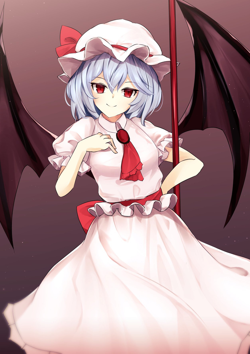 ascot bat_wings blue_hair breasts commentary_request gradient gradient_background hand_on_own_chest hat hat_ribbon highres holding holding_weapon looking_at_viewer mob_cap polearm puffy_short_sleeves puffy_sleeves red_eyes red_neckwear red_ribbon remilia_scarlet ribbon short_hair short_sleeves sinkai small_breasts smile solo spear touhou weapon wings