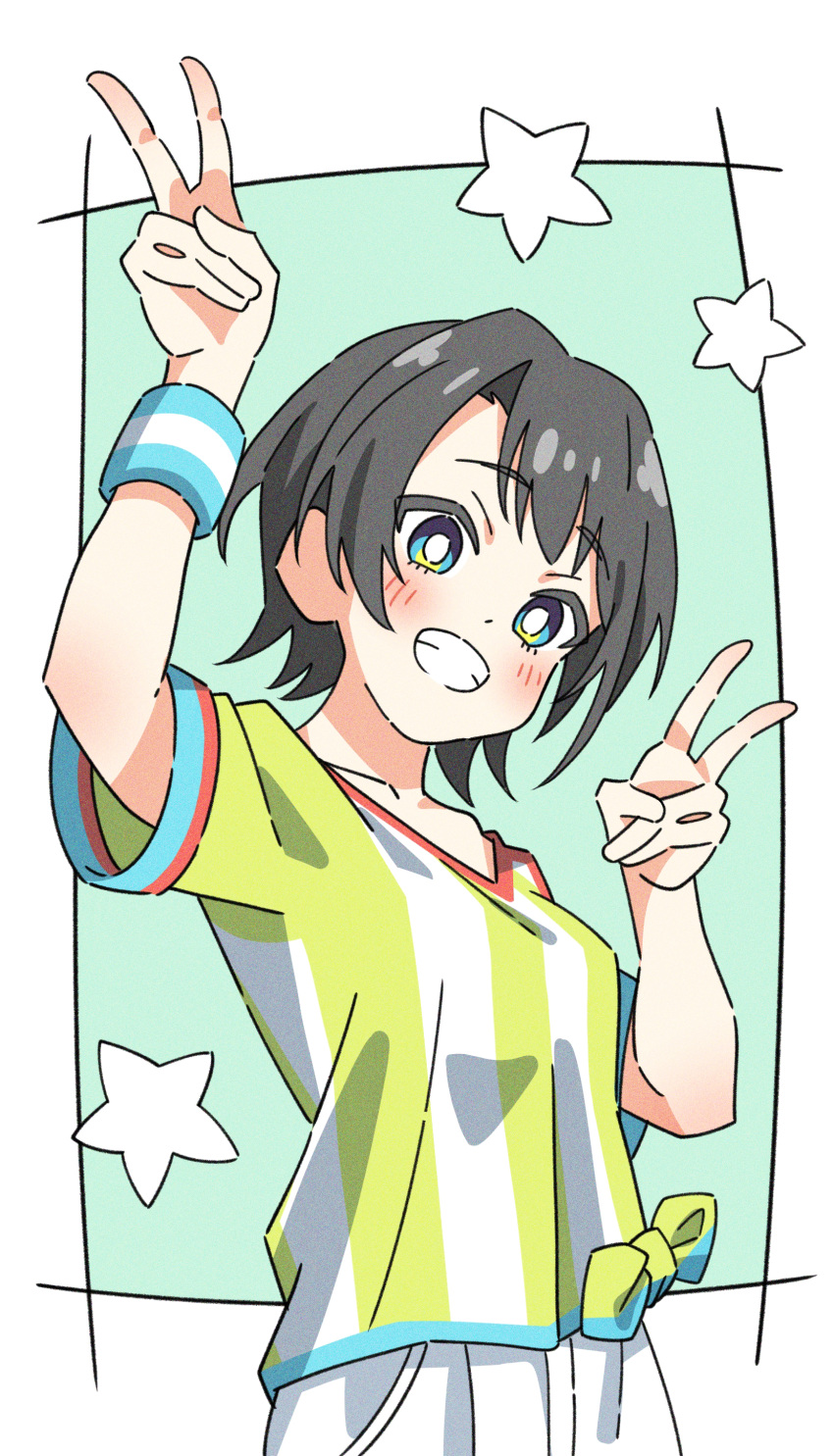 absurdres armband black_hair blue_eyes blue_wristband blush cowboy_shot double_v flower_035 green_background grin highres hololive looking_at_viewer oozora_subaru oozora_subaru_(1st_costume) outside_border shirt short_sleeves shorts smile star_(symbol) striped_clothes striped_shirt striped_wristband tied_shirt v vertical-striped_clothes vertical-striped_shirt white_background white_shirt white_shorts white_wristband yellow_shirt