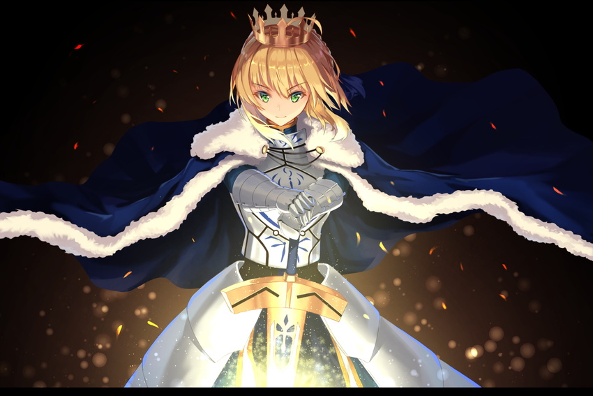 armor blonde_hair cape crown dress fate/stay_night fate_(series) green_eyes resau saber sword weapon