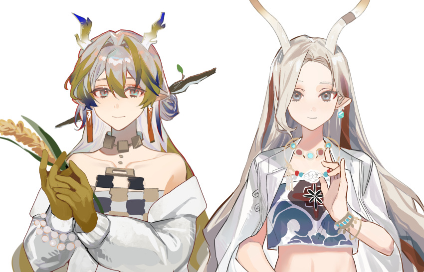 2girls a_deer_of_nine_colors antlers arknights bare_shoulders beads blonde_hair chinese_commentary closed_mouth collarbone colored_skin commentary_request crop_top deer_antlers deer_girl dragon_girl dragon_horns earrings eyes_visible_through_hair green_eyes grey_eyes grey_hair hair_between_eyes hair_intakes hand_up highres holding holding_plant horns jacket jacket_on_shoulders jewelry long_hair long_sleeves looking_at_viewer multicolored_hair multiple_girls necklace nine-colored_deer off_shoulder open_clothes open_jacket own_hands_together plant pointy_ears purple_hair purple_horns red_hair shu_(arknights) simple_background smile strapless swept_bangs tube_top upper_body wheat white_background white_horns white_jacket white_tube_top wristlet xiaoqiu990_(riku9) yellow_horns