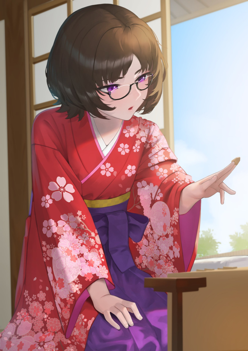 1girl absurdres black-framed_eyewear board_game brown_hair commission enu_gotanda floral_print glasses hand_on_own_thigh high-waist_skirt highres indie_virtual_youtuber japanese_clothes kimono parted_lips purple_eyes purple_skirt red_kimono rushian shogi shogi_piece short_hair shouji skeb_commission skirt sky sliding_doors solo virtual_youtuber wide_sleeves