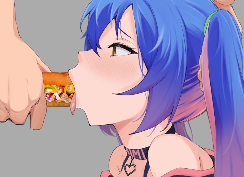 1girl blue_hair blush borrowed_character brown_eyes character_name choker close-up food from_side gorgenzolla green_ribbon grey_background hair_between_eyes hair_ribbon hand_on_another's_head heart heart_choker holding holding_food long_hair multicolored_hair original pink_hair ribbon sandwich sexually_suggestive tongue tongue_out twintails two-tone_hair