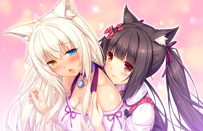 2girls animal_ears bicolored_eyes blonde_hair blush bow breasts brown_eyes brown_hair cat_smile catgirl chocola_(sayori) coconut_(sayori) collar game_cg hug long_hair nekopara ribbons sayori twintails