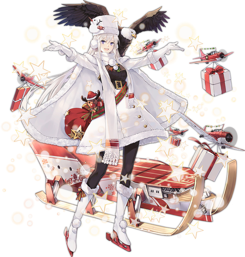 :d aircraft airplane animal azur_lane bald_eagle bangs belt belt_buckle bird black_belt black_legwear black_shirt boots breasts buckle buttons christmas clothes_writing eagle enterprise_(azur_lane) flight_deck full_body fur_hat gift hao_(patinnko) hat high-waist_skirt highres large_breasts long_hair official_art open_mouth outstretched_arms pantyhose pom_pom_(clothes) purple_eyes reindeer ribbed_shirt sbd_dauntless scarf shirt silver_hair skirt sleigh smile solo standing star tachi-e transparent_background ushanka white_footwear white_hat white_scarf white_skirt