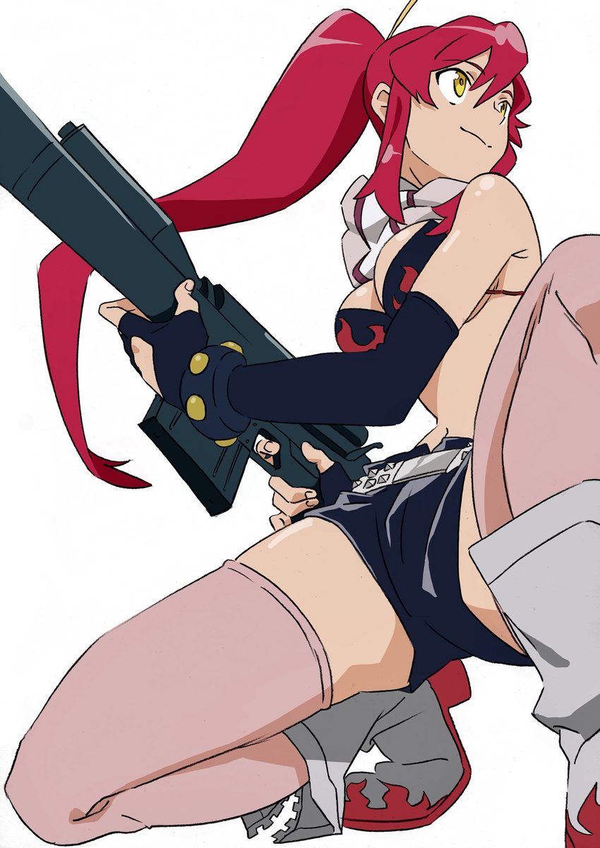 anti-materiel_rifle arai_hiroki bare_shoulders belt bikini_top boots breasts cleavage elbow_gloves fingerless_gloves flame_print gloves gun hair_ornament hair_stick highres large_breasts long_hair one_knee pink_legwear ponytail red_hair rifle scarf shiny shiny_hair shiny_skin short_shorts shorts sidelocks simple_background smile sniper_rifle solo striped striped_scarf studded_belt studded_bracelet tengen_toppa_gurren_lagann thighhighs unzipped weapon white_background white_footwear yellow_eyes yoko_littner