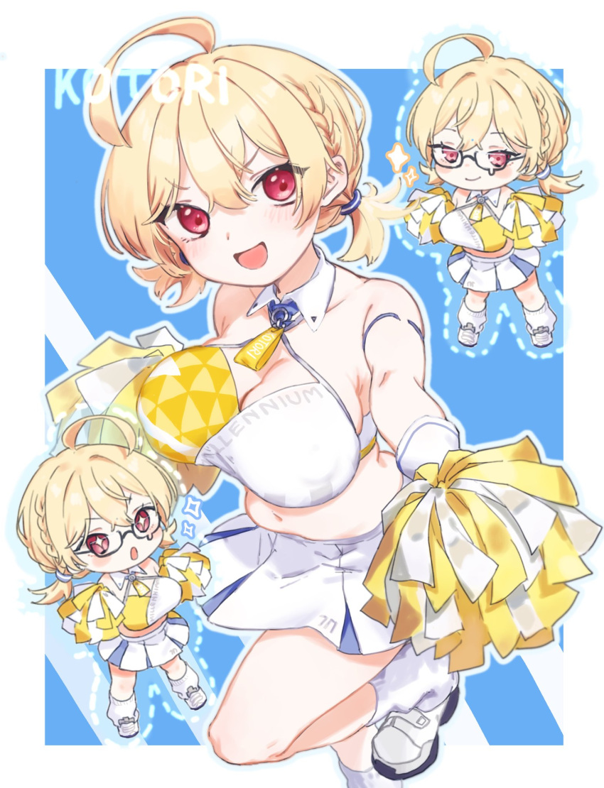 1girl ahoge blonde_hair blue_archive blue_background blush breasts cheerleader chibi cleavage commentary_request glasses highres holding holding_pom_poms kotori_(blue_archive) kotori_(cheer_squad)_(blue_archive) large_breasts looking_at_viewer millennium_cheerleader_outfit_(blue_archive) multiple_views official_alternate_costume open_mouth outside_border plump pom_pom_(cheerleading) red_eyes shoes short_twintails skirt smile socks standing standing_on_one_leg twintails ureshiitime_ki white_footwear white_skirt white_socks