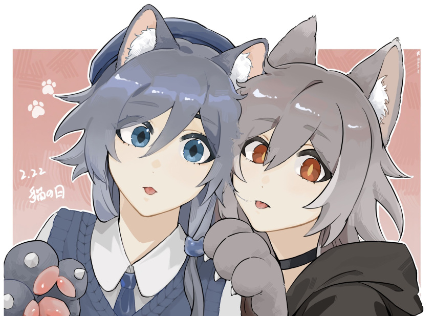 2girls alternate_costume animal_ears animal_hands black_choker black_hoodie blue_eyes blue_hair blue_shirt blue_vest cat_day cat_ears cat_paws chinese_text choker collared_shirt dated fake_claws footprints fu_hua fu_hua_(herrscher_of_sentience) gloves grey_gloves grey_hair hair_between_eyes highres honkai_(series) honkai_impact_3rd hood hoodie long_hair long_shirt long_sleeves looking_at_viewer low-tied_long_hair low_ponytail michuan_ximo multicolored_hair multiple_girls official_alternate_costume paw_gloves ponytail red_eyes shirt simplified_chinese_text streaked_hair tongue tongue_out vest white_hair white_shirt