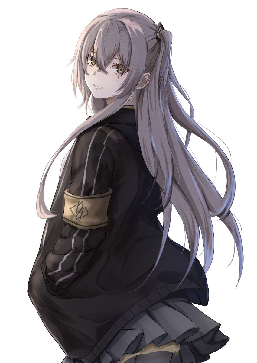 1girl absurdres armband black_jacket girls'_frontline hair_between_eyes hands_in_pockets highres jacket light_brown_hair long_hair looking_at_viewer looking_back one_side_up parted_lips pleated_skirt satsumaagee scar scar_across_eye skirt smile solo ump45_(girls'_frontline) upper_body white_background yellow_armband yellow_eyes